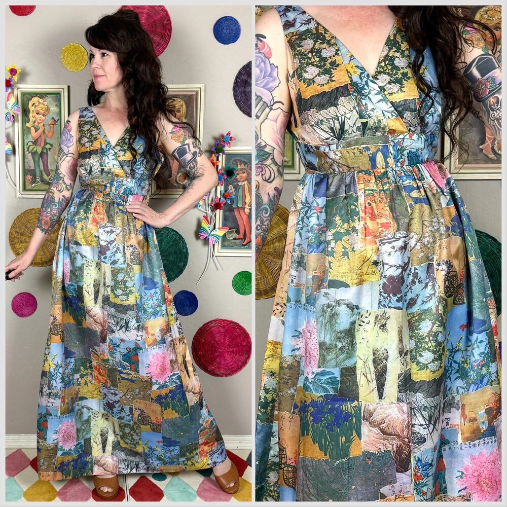 Vintage 1970s Hawaiian Print Sleeveless A-Line  Maxi Dress